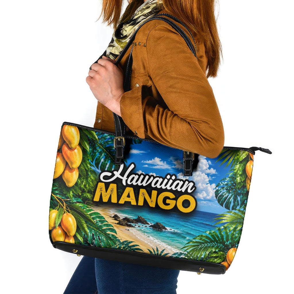 Hawaiian Mango Tropical Beach Leather Tote Bag Scenic Island Nature Exotic Fruit Graphic