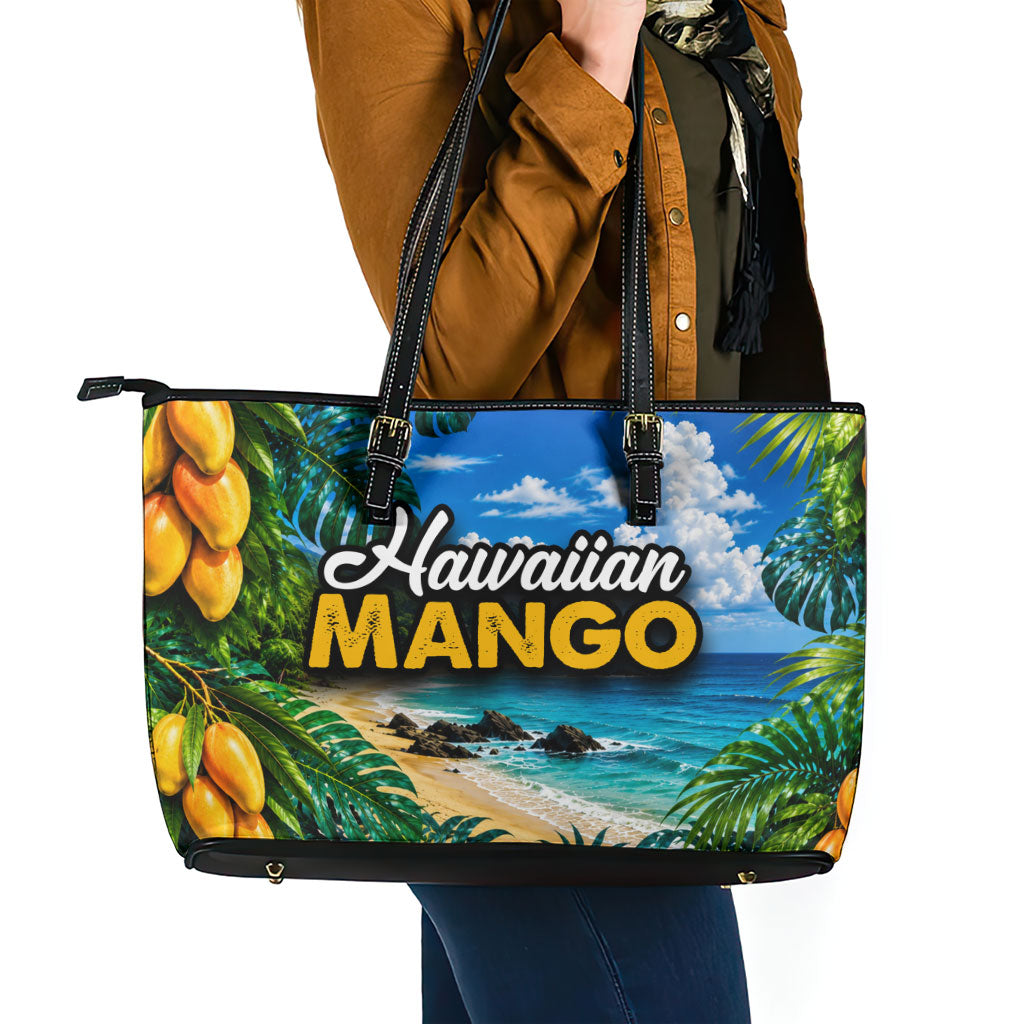Hawaiian Mango Tropical Beach Leather Tote Bag Scenic Island Nature Exotic Fruit Graphic