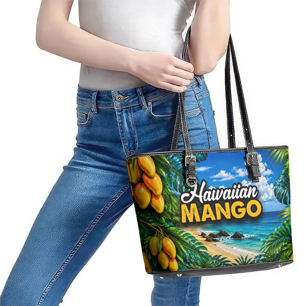 Hawaiian Mango Tropical Beach Leather Tote Bag Scenic Island Nature Exotic Fruit Graphic