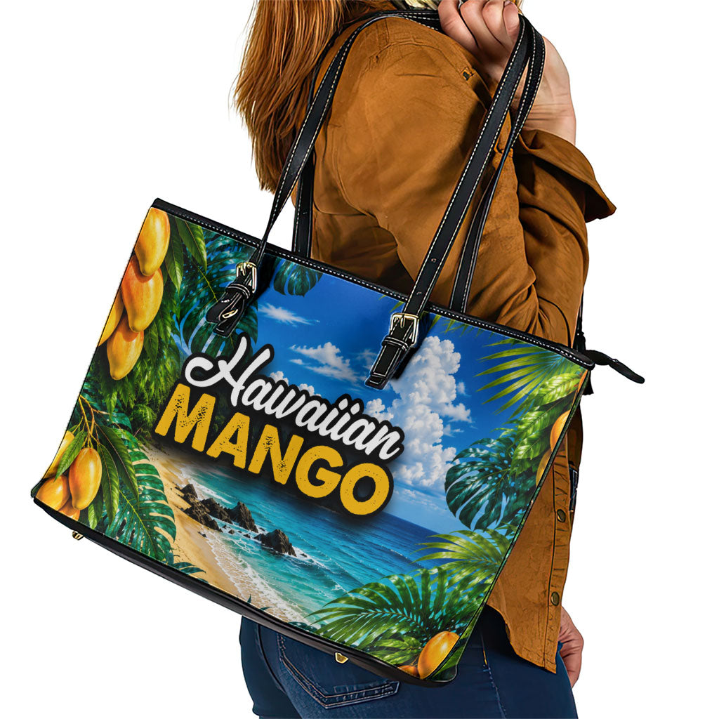Hawaiian Mango Tropical Beach Leather Tote Bag Scenic Island Nature Exotic Fruit Graphic