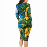 Hawaiian Mango Tropical Beach Long Sleeve Bodycon Dress Scenic Island Nature Exotic Fruit Graphic