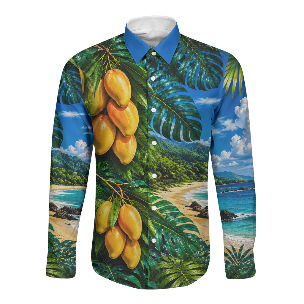 Hawaiian Mango Tropical Beach Long Sleeve Button Shirt Scenic Island Nature Exotic Fruit Graphic