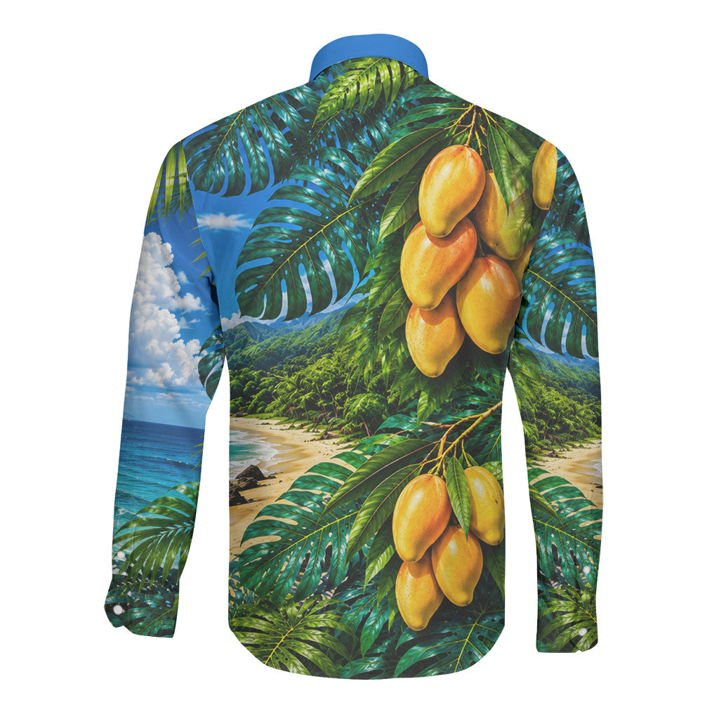 Hawaiian Mango Tropical Beach Long Sleeve Button Shirt Scenic Island Nature Exotic Fruit Graphic