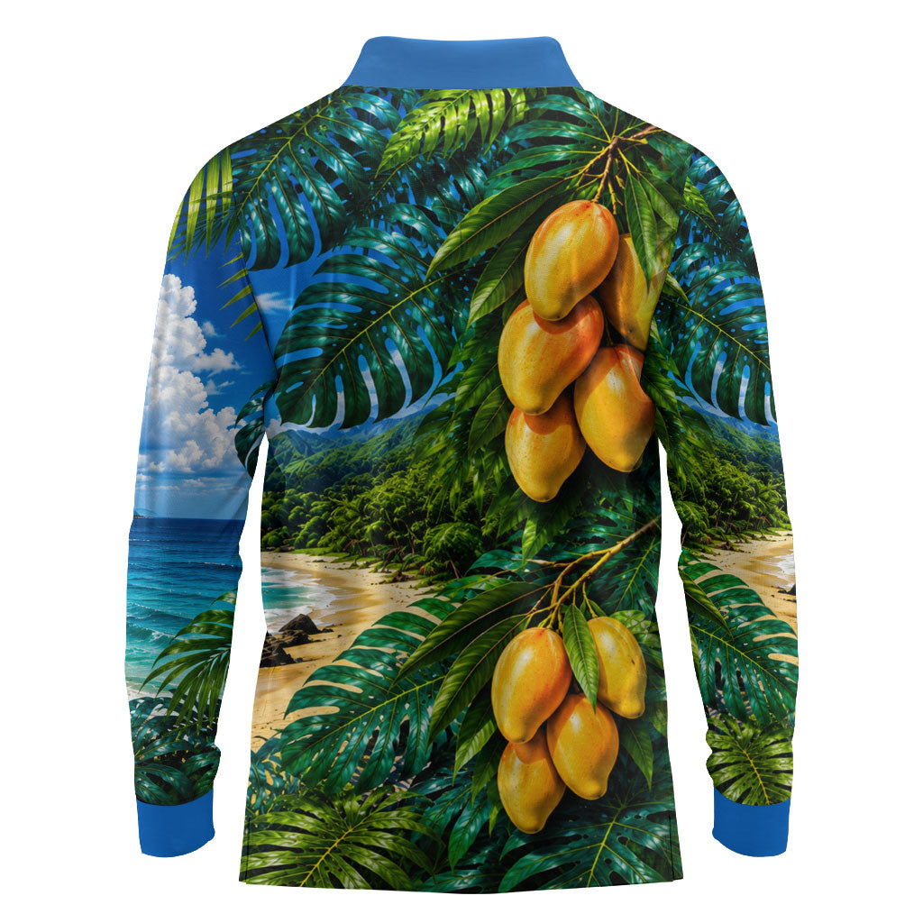 Hawaiian Mango Tropical Beach Long Sleeve Polo Shirt Scenic Island Nature Exotic Fruit Graphic