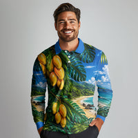 Hawaiian Mango Tropical Beach Long Sleeve Polo Shirt Scenic Island Nature Exotic Fruit Graphic