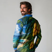 Hawaiian Mango Tropical Beach Long Sleeve Polo Shirt Scenic Island Nature Exotic Fruit Graphic