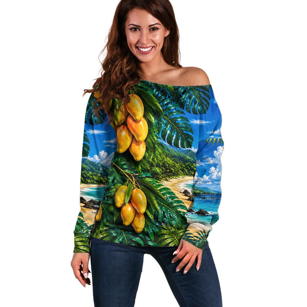 Hawaiian Mango Tropical Beach Off Shoulder Sweater Scenic Island Nature Exotic Fruit Graphic