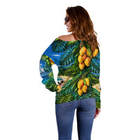 Hawaiian Mango Tropical Beach Off Shoulder Sweater Scenic Island Nature Exotic Fruit Graphic
