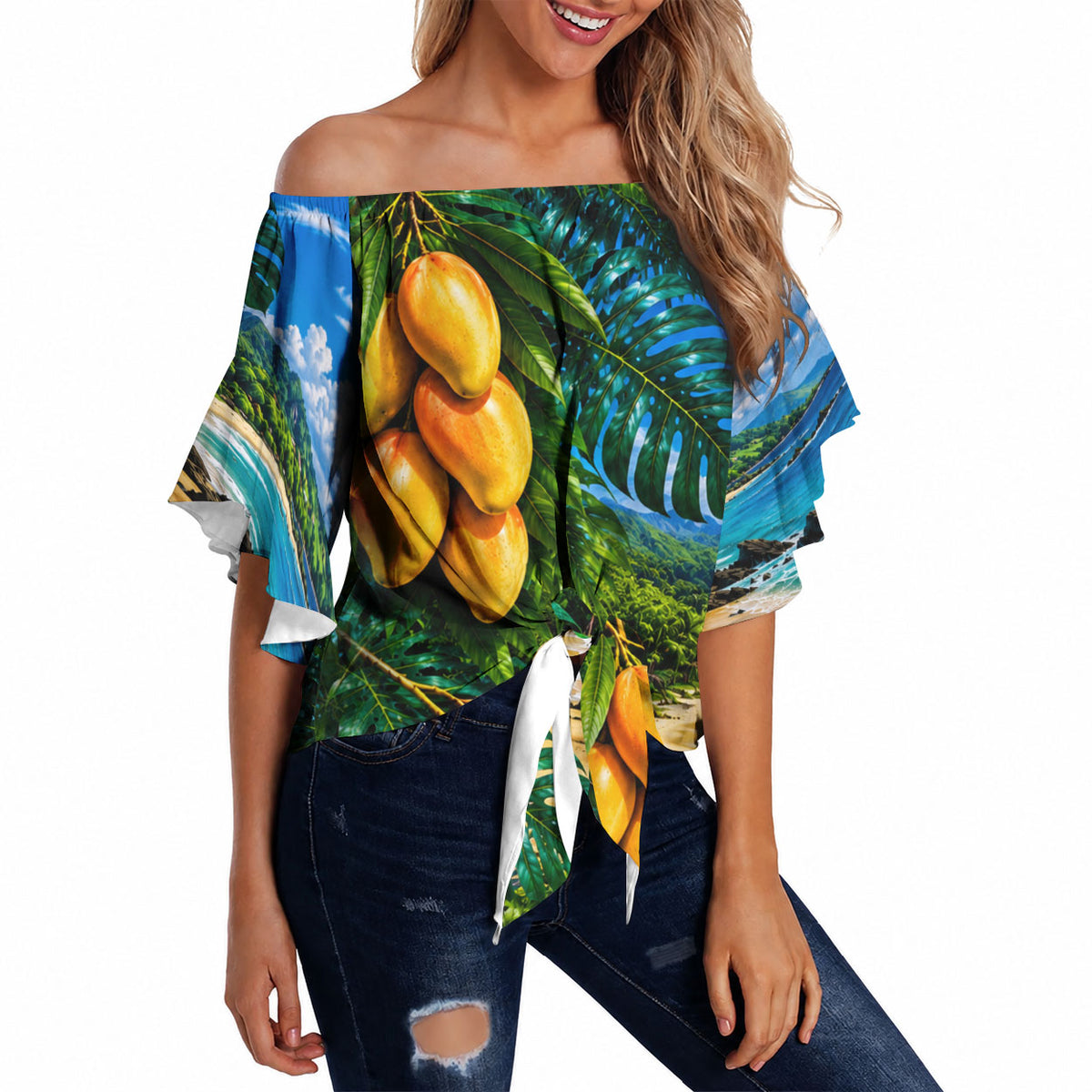 Hawaiian Mango Tropical Beach Off Shoulder Wrap Waist Top Scenic Island Nature Exotic Fruit Graphic