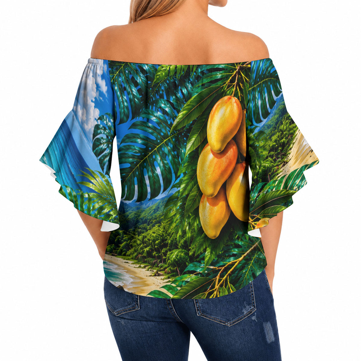 Hawaiian Mango Tropical Beach Off Shoulder Wrap Waist Top Scenic Island Nature Exotic Fruit Graphic