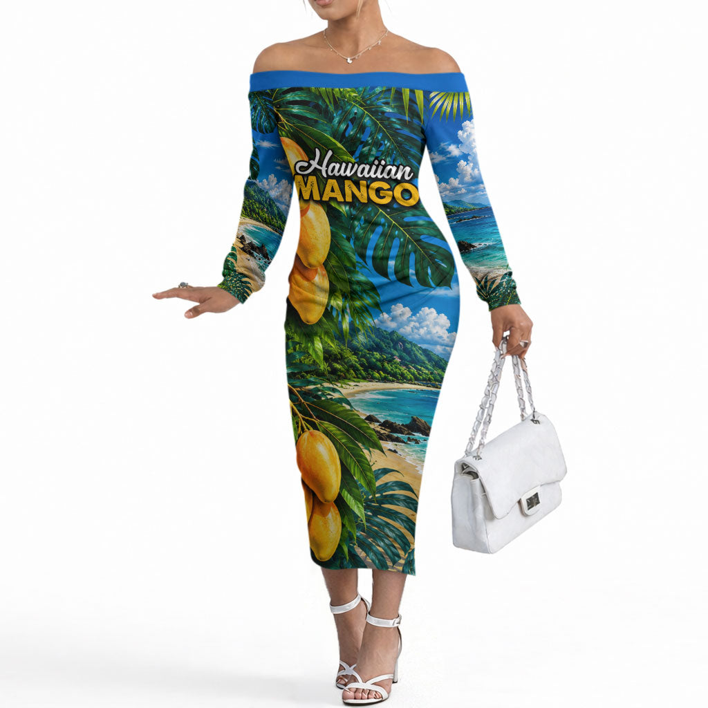 Hawaiian Mango Tropical Beach Off The Shoulder Long Sleeve Dress Scenic Island Nature Exotic Fruit Graphic