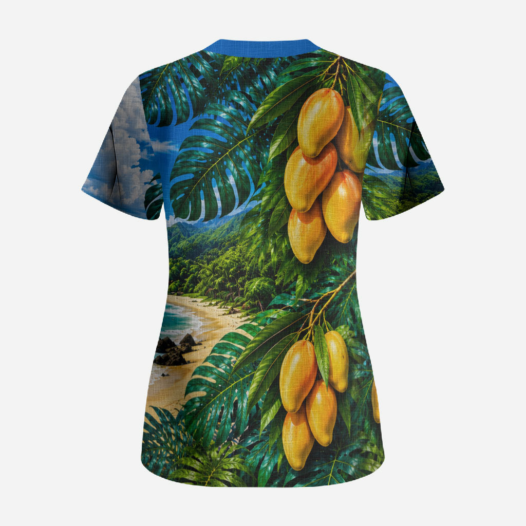 Hawaiian Mango Tropical Beach Scrub Top Scenic Island Nature Exotic Fruit Graphic