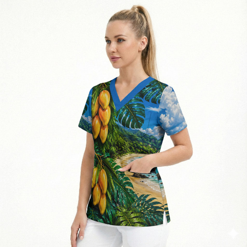 Hawaiian Mango Tropical Beach Scrub Top Scenic Island Nature Exotic Fruit Graphic
