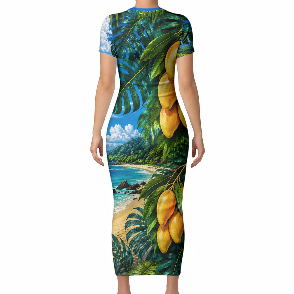 Hawaiian Mango Tropical Beach Short Sleeve Bodycon Dress Scenic Island Nature Exotic Fruit Graphic
