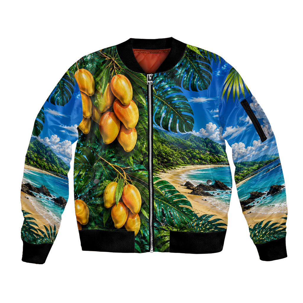 Hawaiian Mango Tropical Beach Sleeve Zip Bomber Jacket Scenic Island Nature Exotic Fruit Graphic