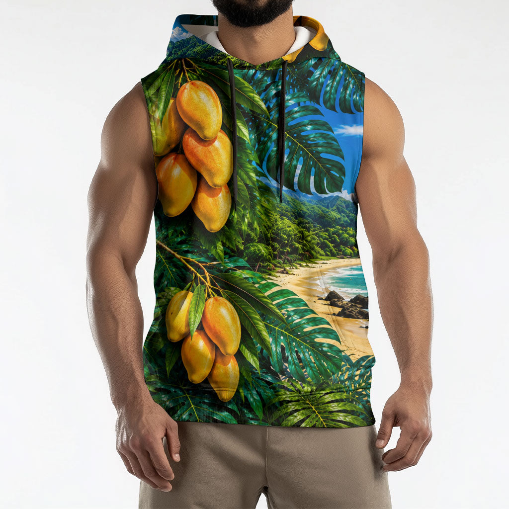 Hawaiian Mango Tropical Beach Sleeveless Hoodie Scenic Island Nature Exotic Fruit Graphic