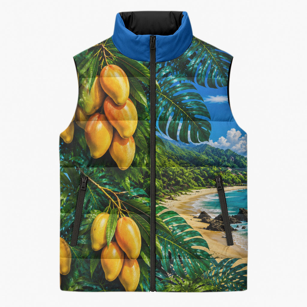 Hawaiian Mango Tropical Beach Sleeveless Puffer Jacket Scenic Island Nature Exotic Fruit Graphic