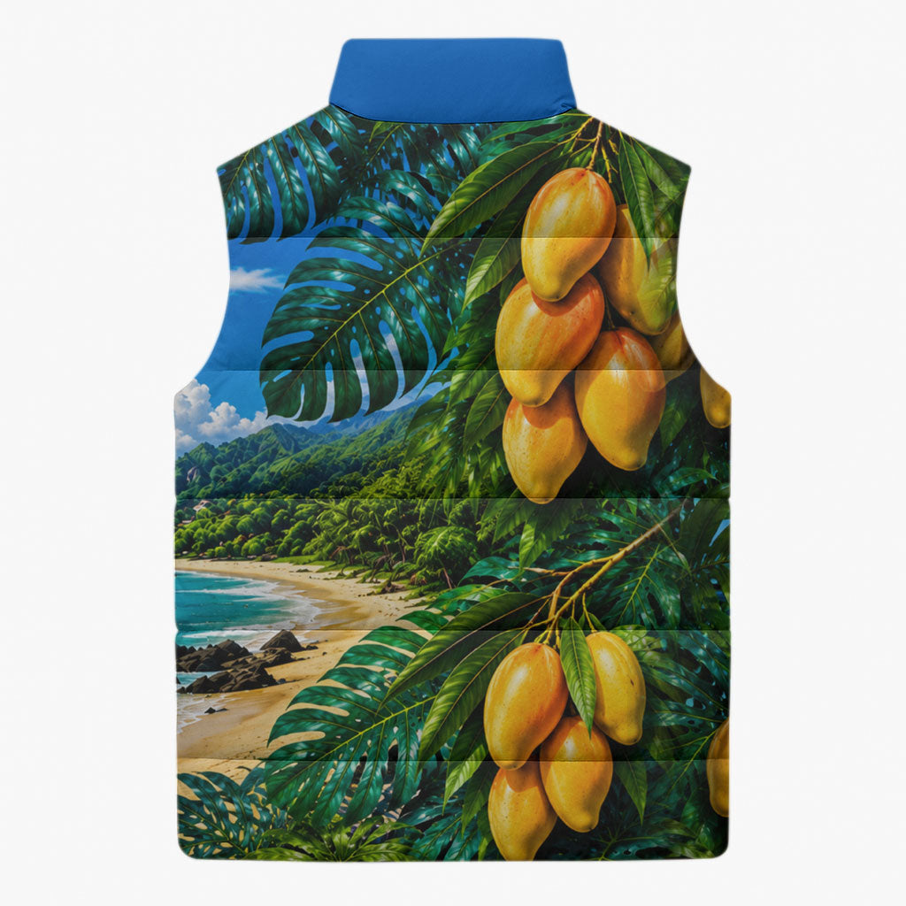 Hawaiian Mango Tropical Beach Sleeveless Puffer Jacket Scenic Island Nature Exotic Fruit Graphic