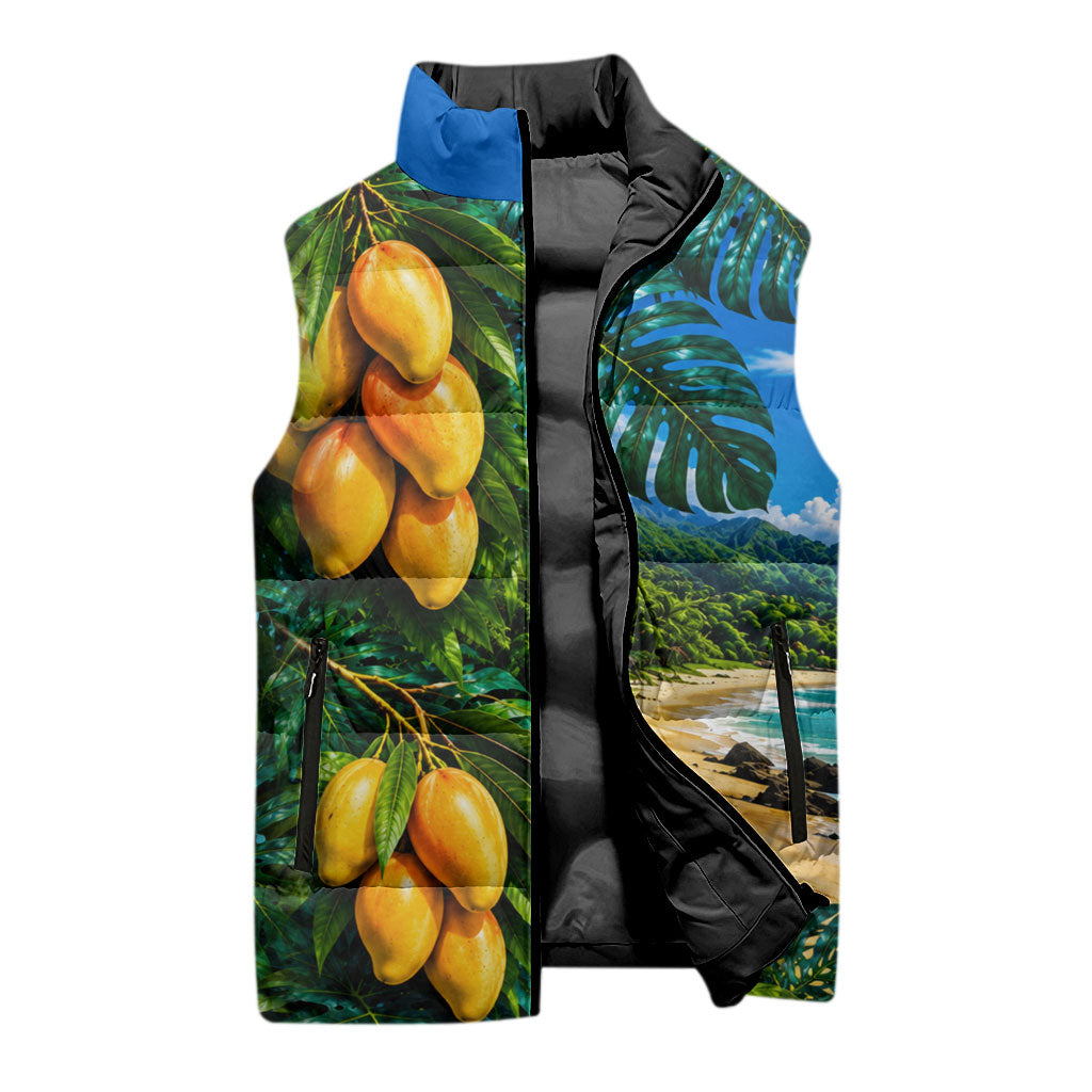 Hawaiian Mango Tropical Beach Sleeveless Puffer Jacket Scenic Island Nature Exotic Fruit Graphic