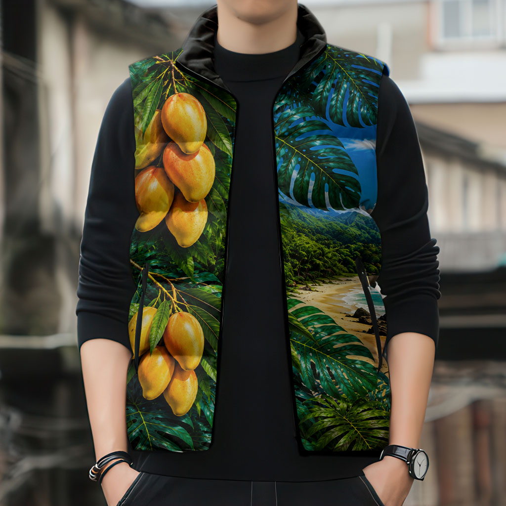 Hawaiian Mango Tropical Beach Sleeveless Puffer Jacket Scenic Island Nature Exotic Fruit Graphic