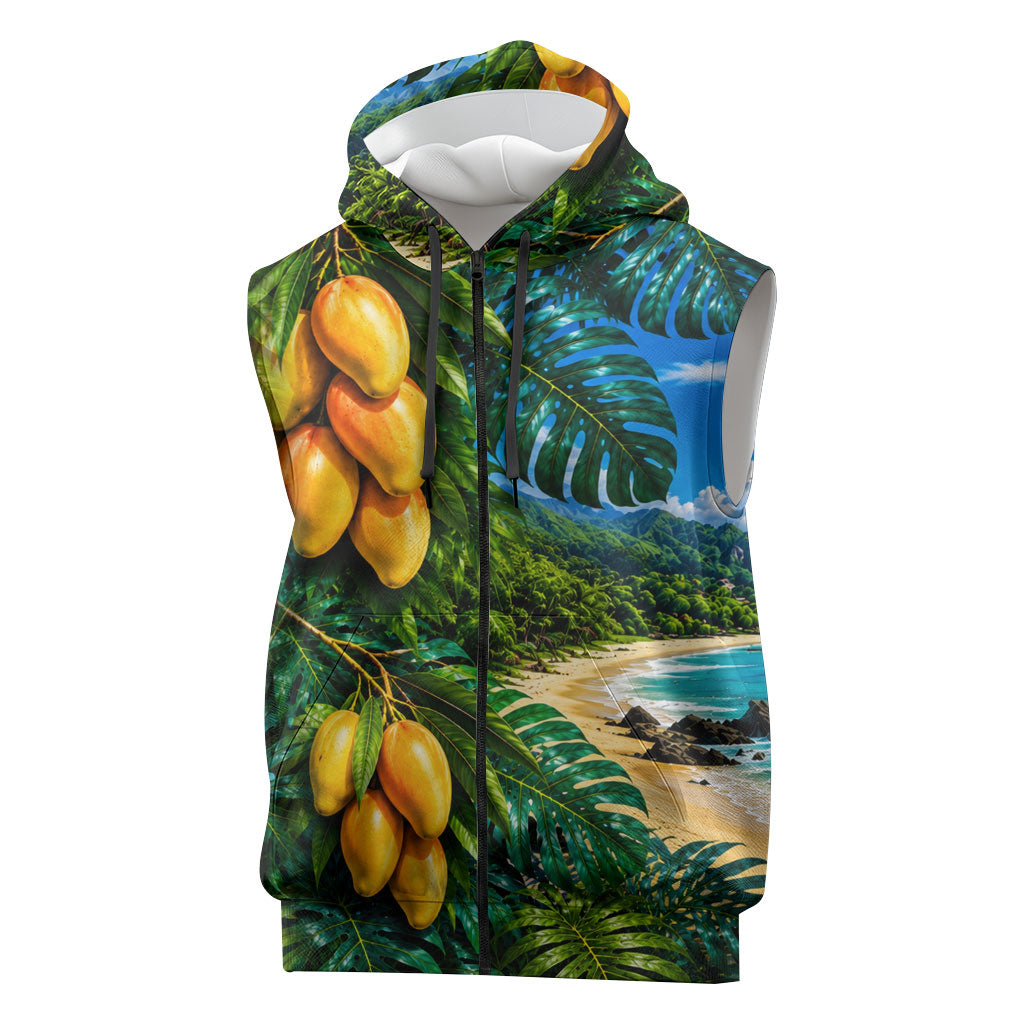 Hawaiian Mango Tropical Beach Sleeveless Zip Hoodie Scenic Island Nature Exotic Fruit Graphic