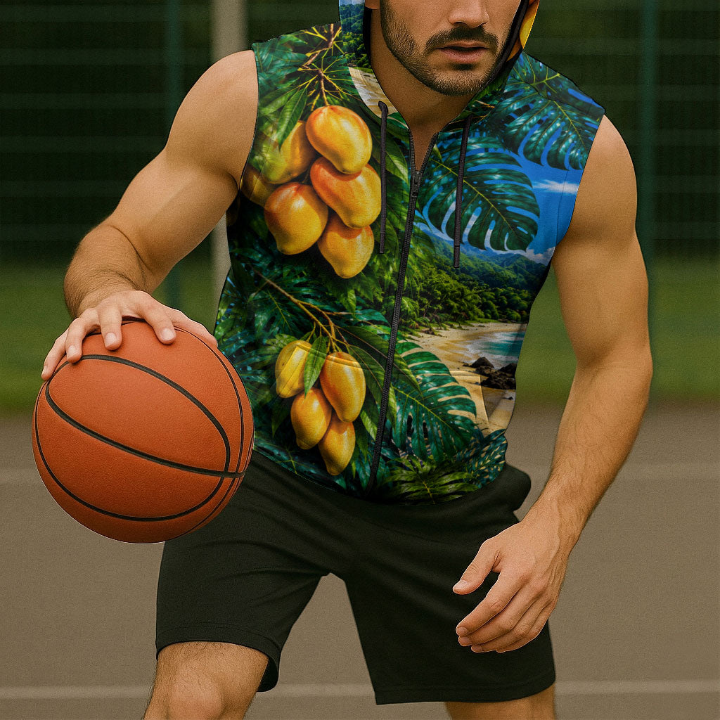 Hawaiian Mango Tropical Beach Sleeveless Zip Hoodie Scenic Island Nature Exotic Fruit Graphic