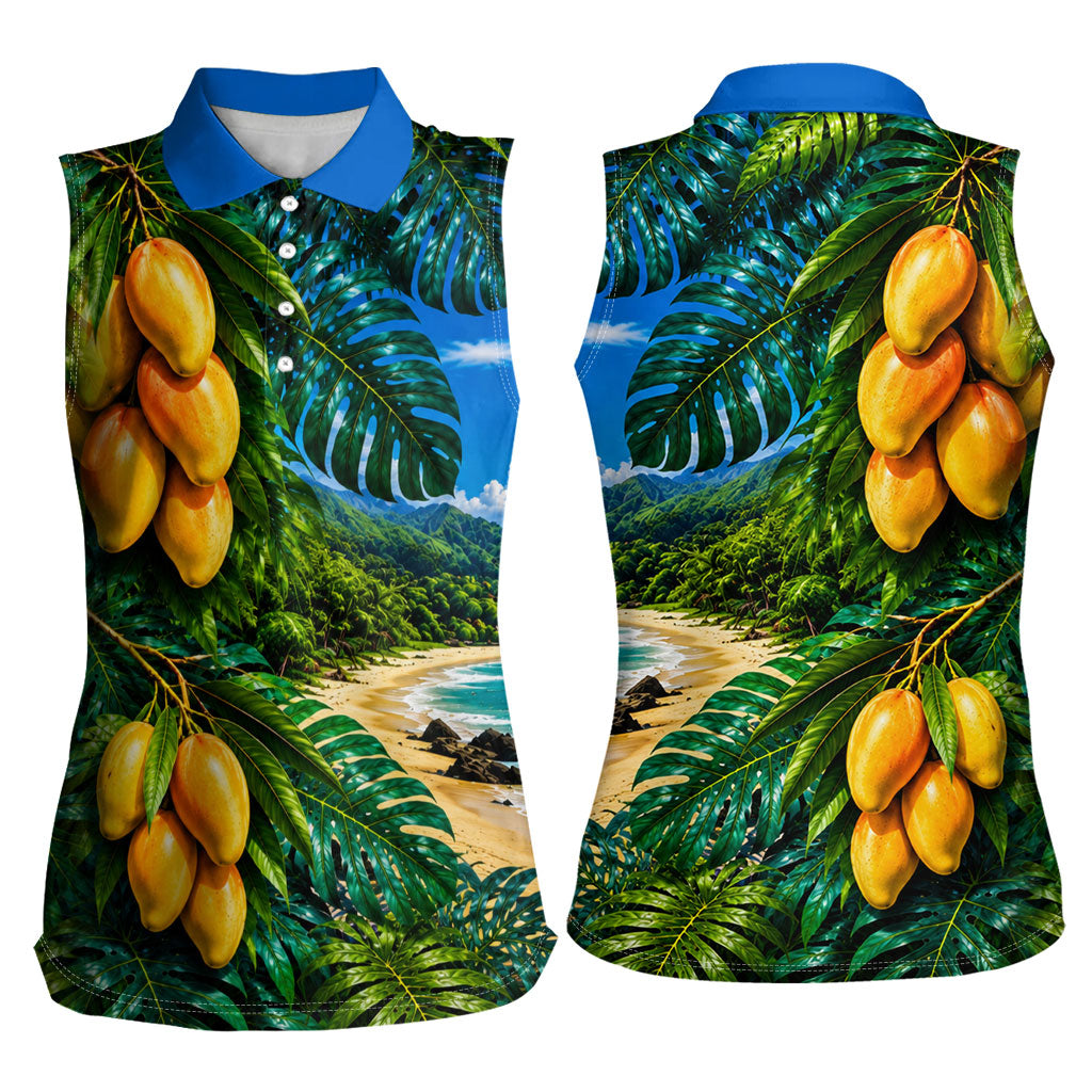 Hawaiian Mango Tropical Beach Women Sleeveless Polo Shirt Scenic Island Nature Exotic Fruit Graphic
