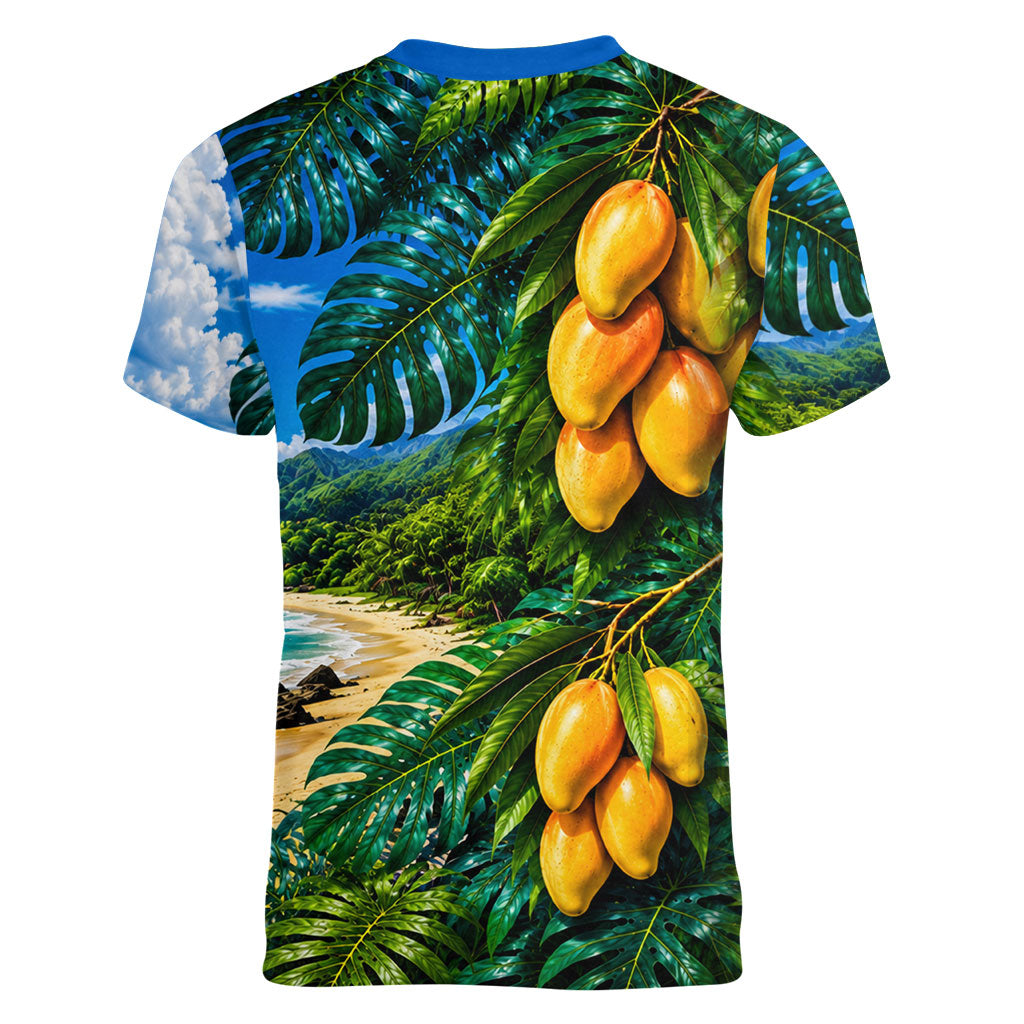 Hawaiian Mango Tropical Beach Women V-Neck T-Shirt Scenic Island Nature Exotic Fruit Graphic
