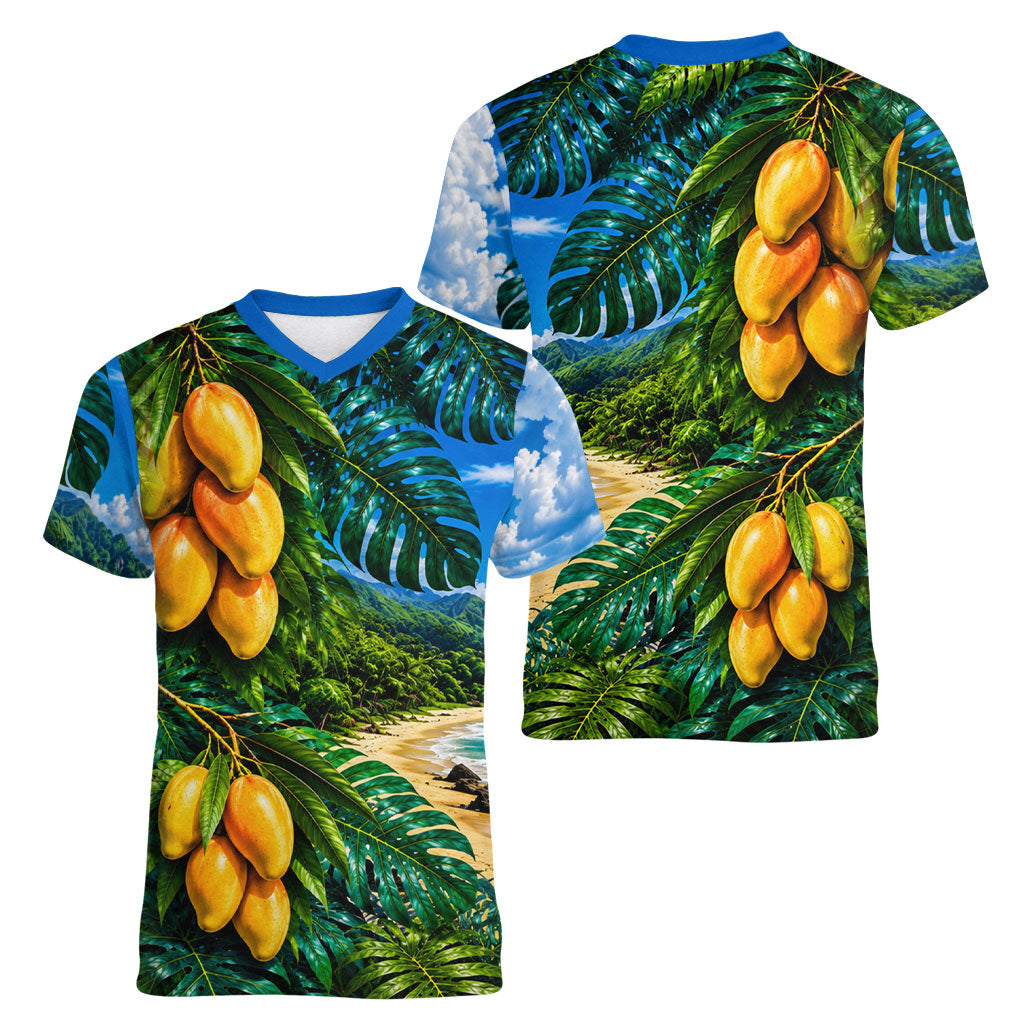 Hawaiian Mango Tropical Beach Women V-Neck T-Shirt Scenic Island Nature Exotic Fruit Graphic