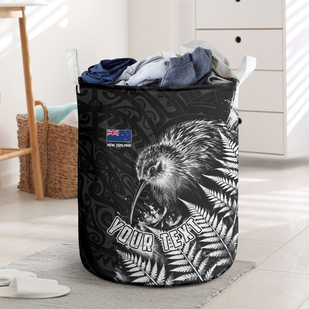 Personalized New Zealand Kiwi Bird Laundry Basket Grunge Maori Tribal Pattern Silver Fern