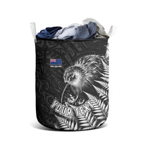 Personalized New Zealand Kiwi Bird Laundry Basket Grunge Maori Tribal Pattern Silver Fern