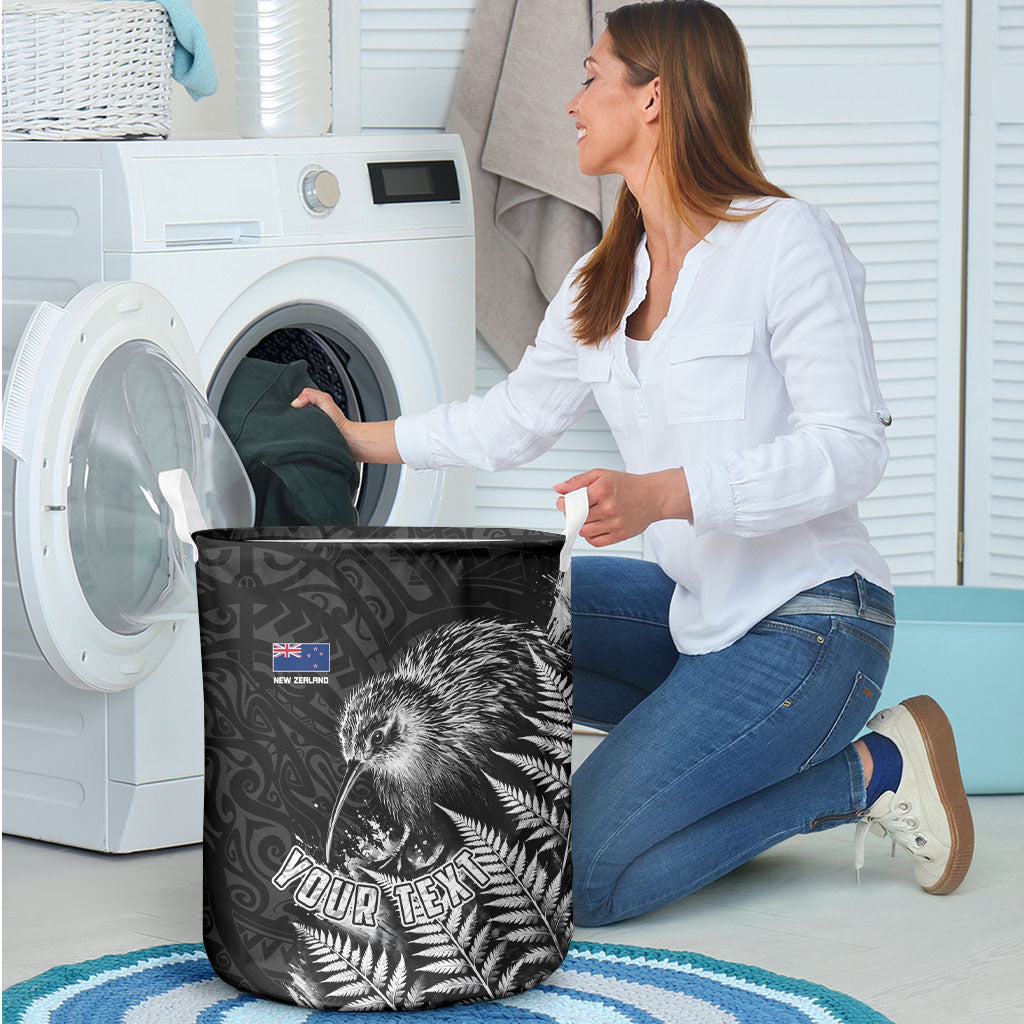 Personalized New Zealand Kiwi Bird Laundry Basket Grunge Maori Tribal Pattern Silver Fern