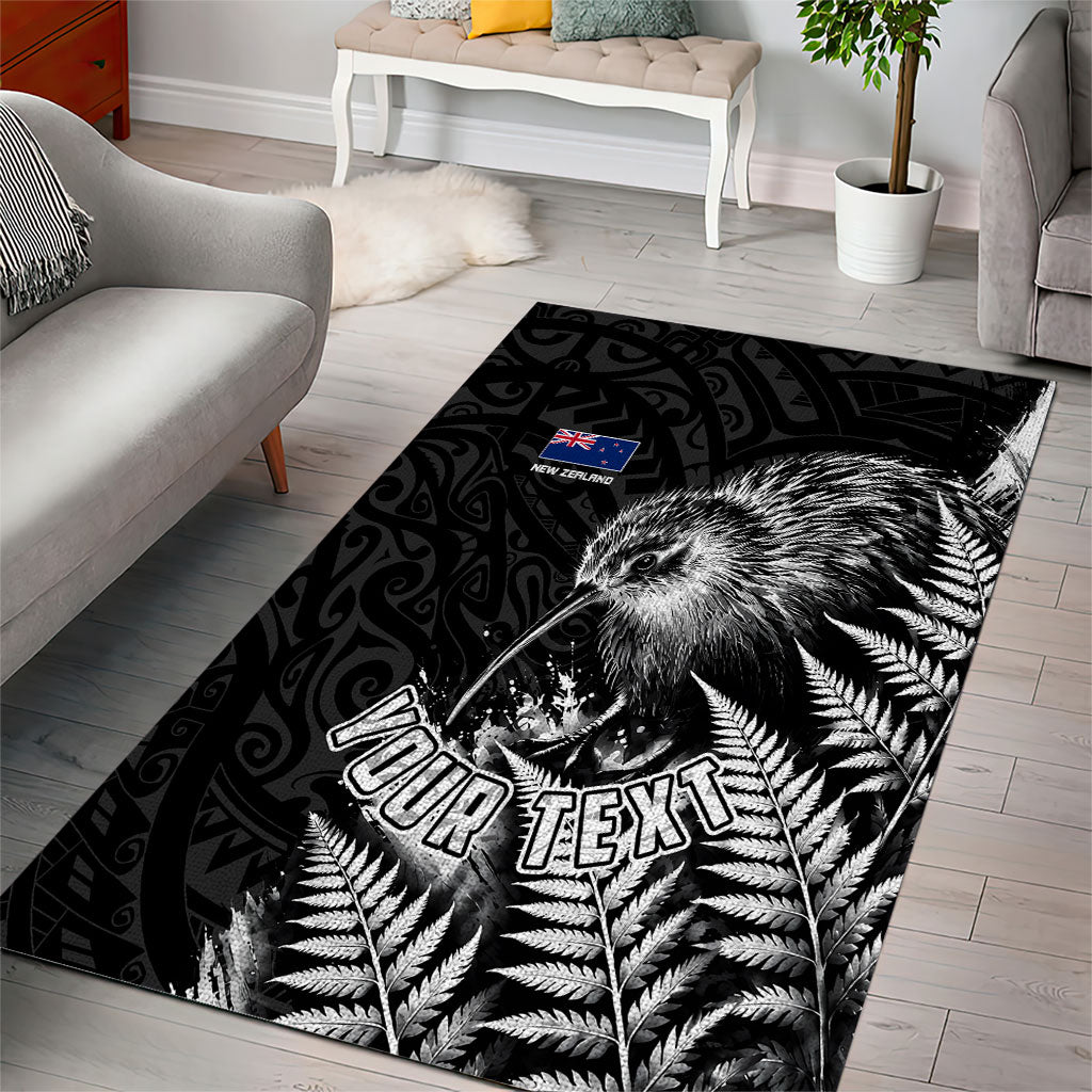 Personalized New Zealand Kiwi Bird Area Rug Grunge Maori Tribal Pattern Silver Fern