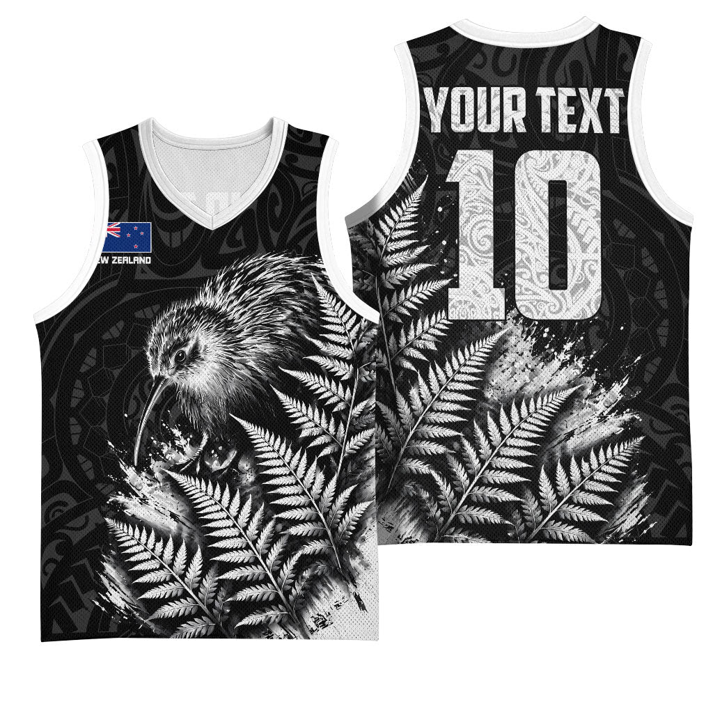 Personalized New Zealand Kiwi Bird Basketball Jersey Grunge Maori Tribal Pattern Silver Fern