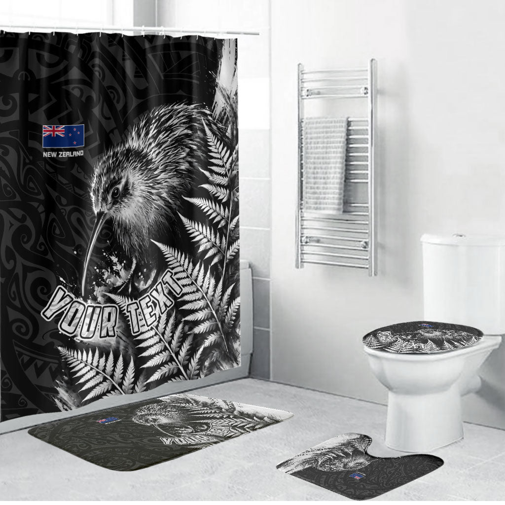 Personalized New Zealand Kiwi Bird Bathroom Set Grunge Maori Tribal Pattern Silver Fern