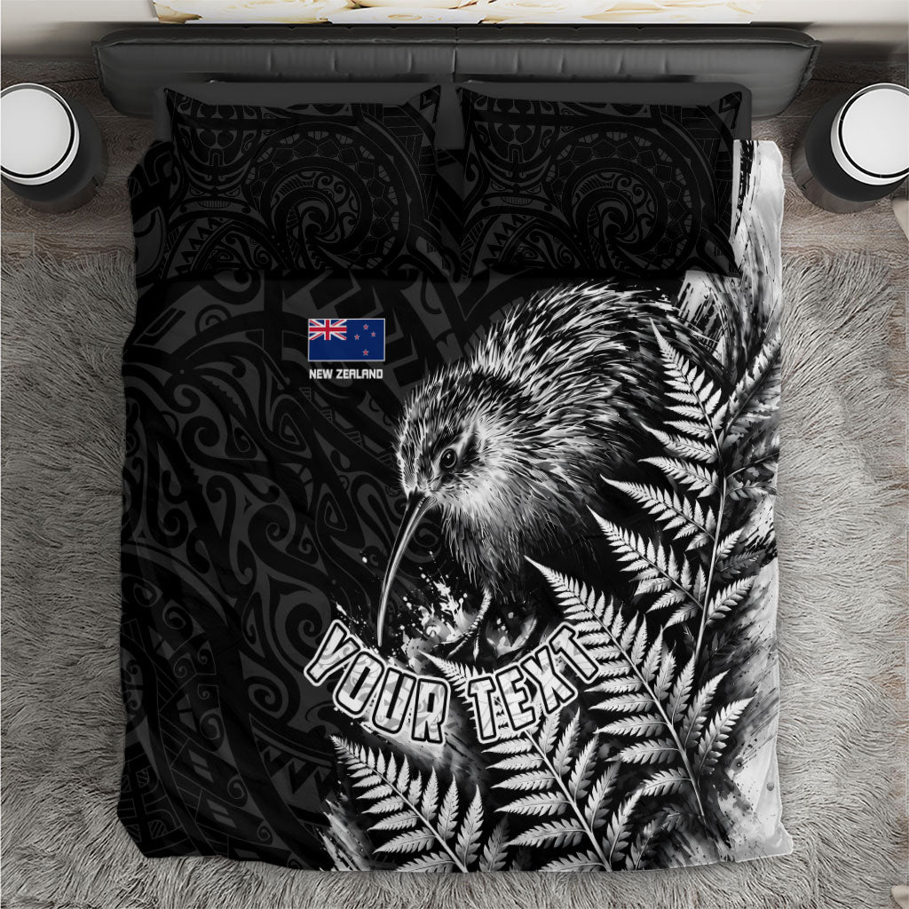 Personalized New Zealand Kiwi Bird Bedding Set Grunge Maori Tribal Pattern Silver Fern