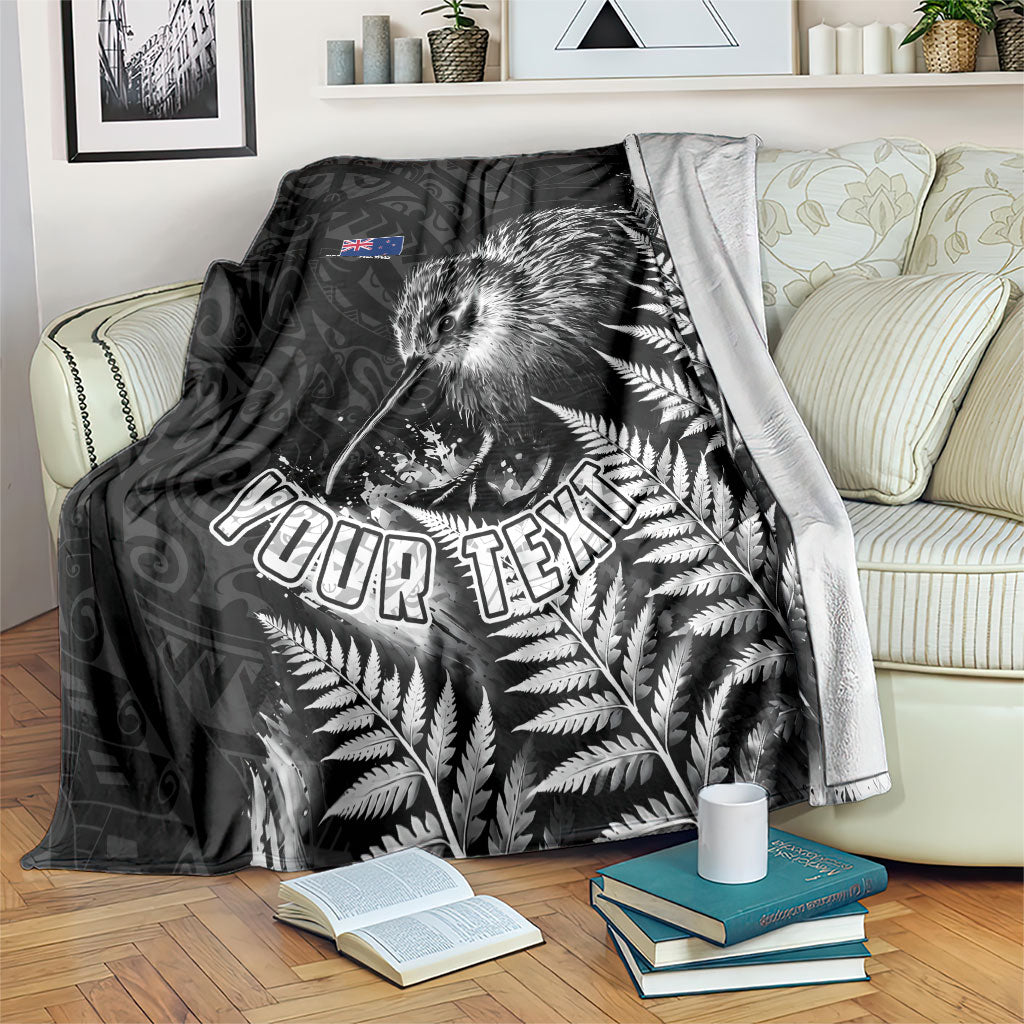 Personalized New Zealand Kiwi Bird Blanket Grunge Maori Tribal Pattern Silver Fern TS04 Black White - Polynesian Pride