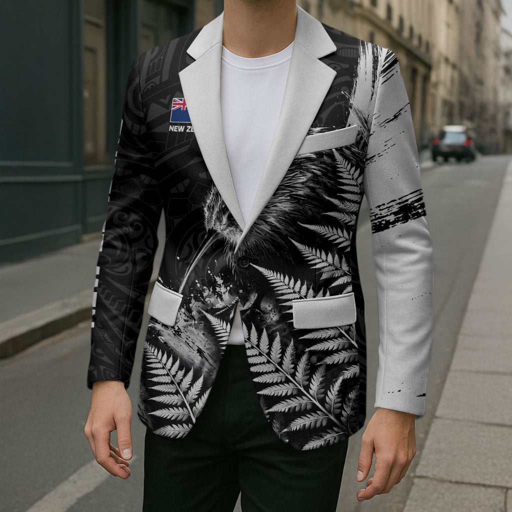 Personalized New Zealand Kiwi Bird Blazer Grunge Maori Tribal Pattern Silver Fern