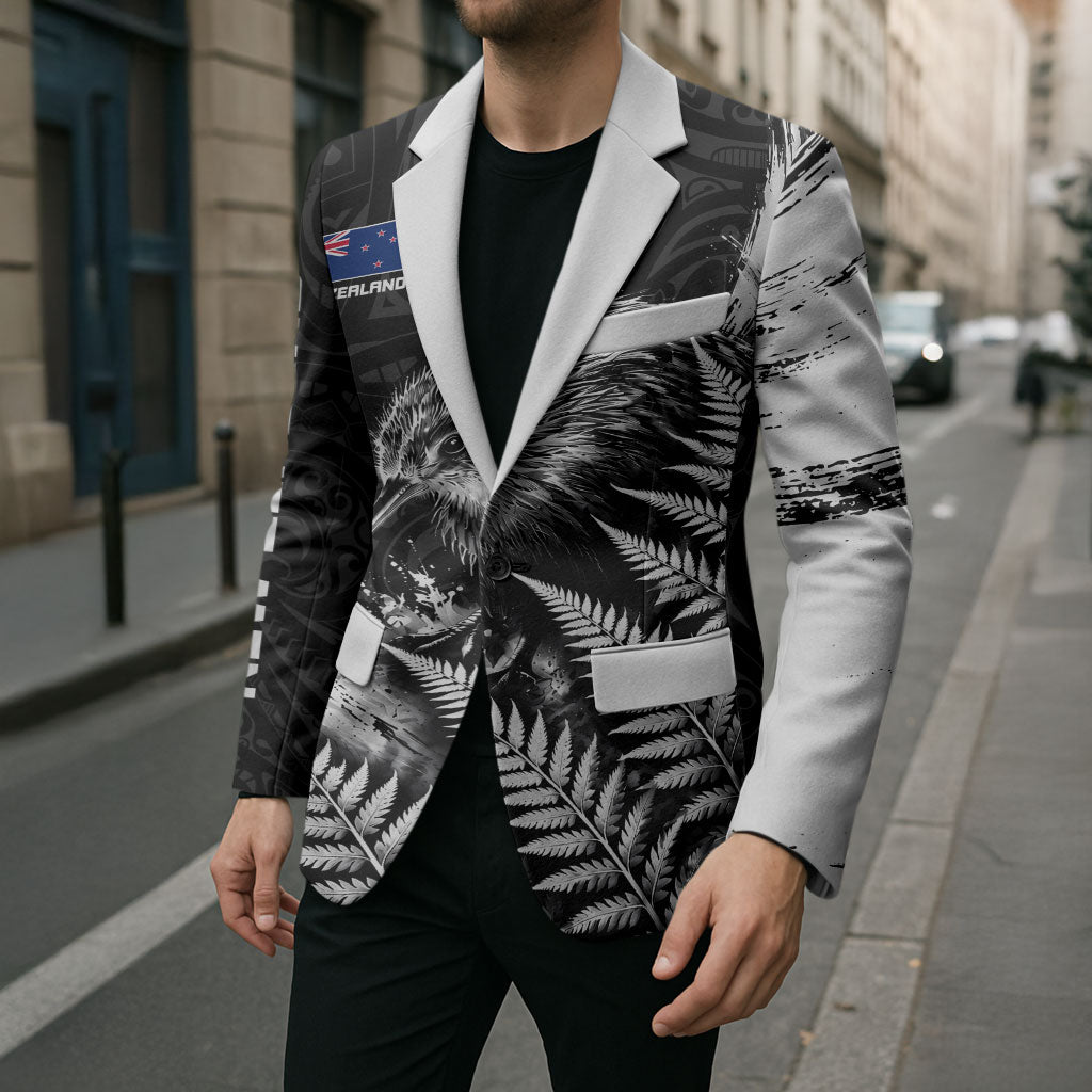 Personalized New Zealand Kiwi Bird Blazer Grunge Maori Tribal Pattern Silver Fern