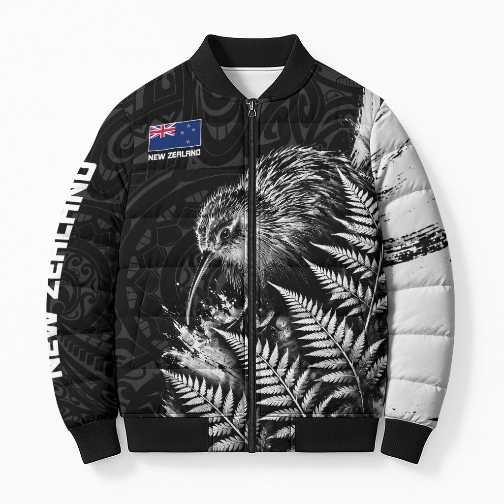 Personalized New Zealand Kiwi Bird Bomber Puffer Jacket Grunge Maori Tribal Pattern Silver Fern