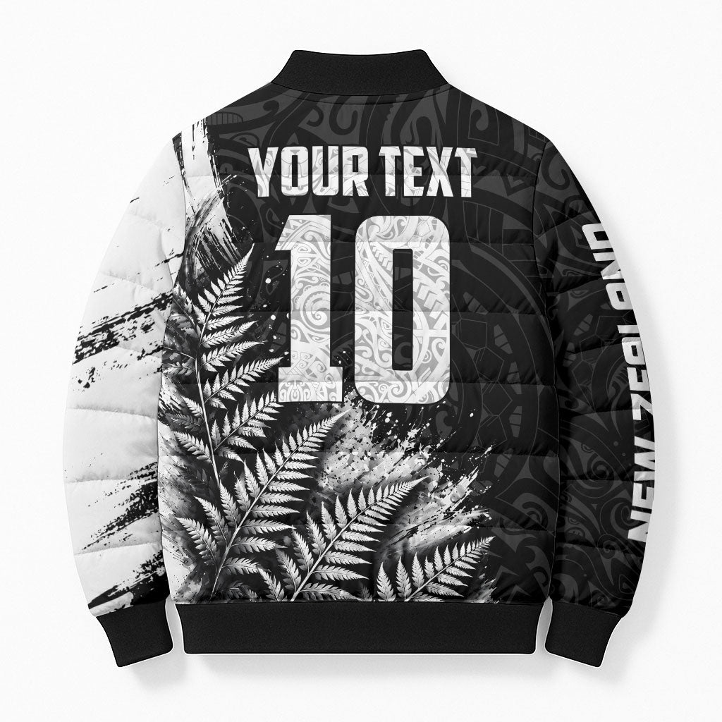 Personalized New Zealand Kiwi Bird Bomber Puffer Jacket Grunge Maori Tribal Pattern Silver Fern