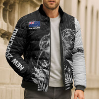 Personalized New Zealand Kiwi Bird Bomber Puffer Jacket Grunge Maori Tribal Pattern Silver Fern