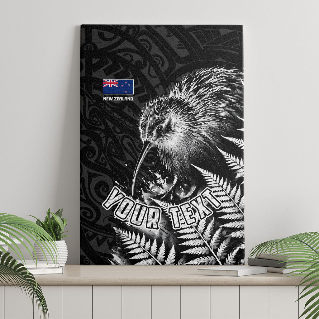 Personalized New Zealand Kiwi Bird Canvas Wall Art Grunge Maori Tribal Pattern Silver Fern