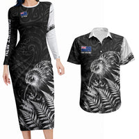 Personalized New Zealand Kiwi Bird Couples Matching Long Sleeve Bodycon Dress and Hawaiian Shirt Grunge Maori Tribal Pattern Silver Fern
