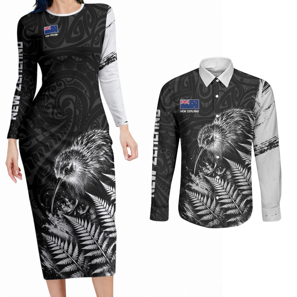 Personalized New Zealand Kiwi Bird Couples Matching Long Sleeve Bodycon Dress and Long Sleeve Button Shirt Grunge Maori Tribal Pattern Silver Fern
