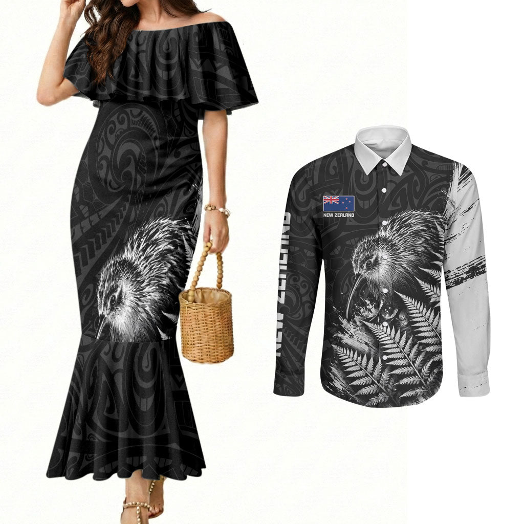 Personalized New Zealand Kiwi Bird Couples Matching Mermaid Dress and Long Sleeve Button Shirt Grunge Maori Tribal Pattern Silver Fern