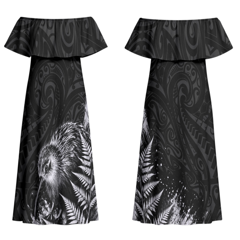 Personalized New Zealand Kiwi Bird Couples Matching Off Shoulder Maxi Dress and Hawaiian Shirt Grunge Maori Tribal Pattern Silver Fern