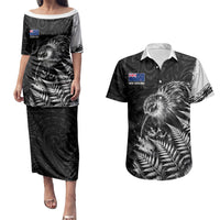 Personalized New Zealand Kiwi Bird Couples Matching Puletasi and Hawaiian Shirt Grunge Maori Tribal Pattern Silver Fern