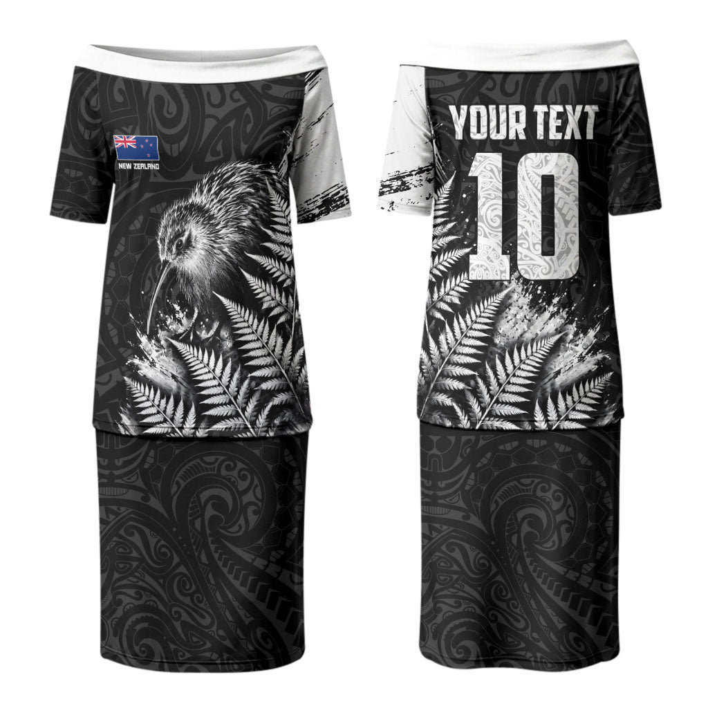 Personalized New Zealand Kiwi Bird Couples Matching Puletasi and Hawaiian Shirt Grunge Maori Tribal Pattern Silver Fern