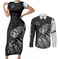 Personalized New Zealand Kiwi Bird Couples Matching Short Sleeve Bodycon Dress and Long Sleeve Button Shirt Grunge Maori Tribal Pattern Silver Fern